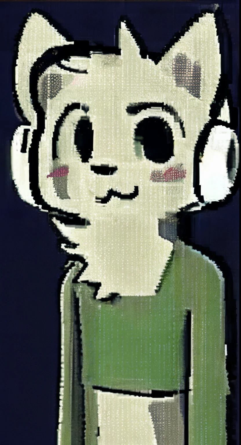 A cat boy stands in a short green top and listens to music, fluffy fur, crop top, headphones on head