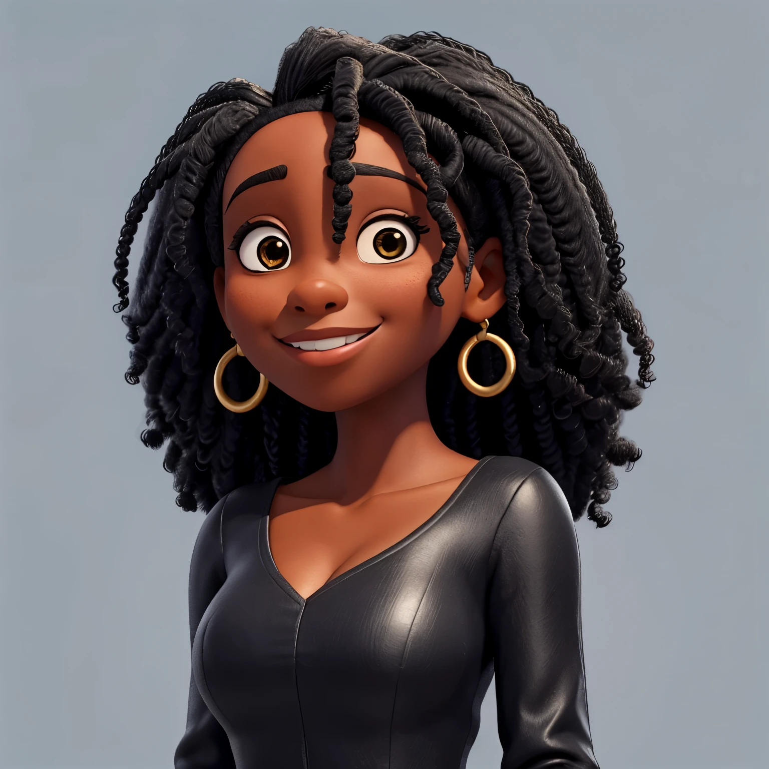 Mulher negra, cabelo black escuro com mechea branca, sorriso e boca marcantes e desenhados, nariz afinalado