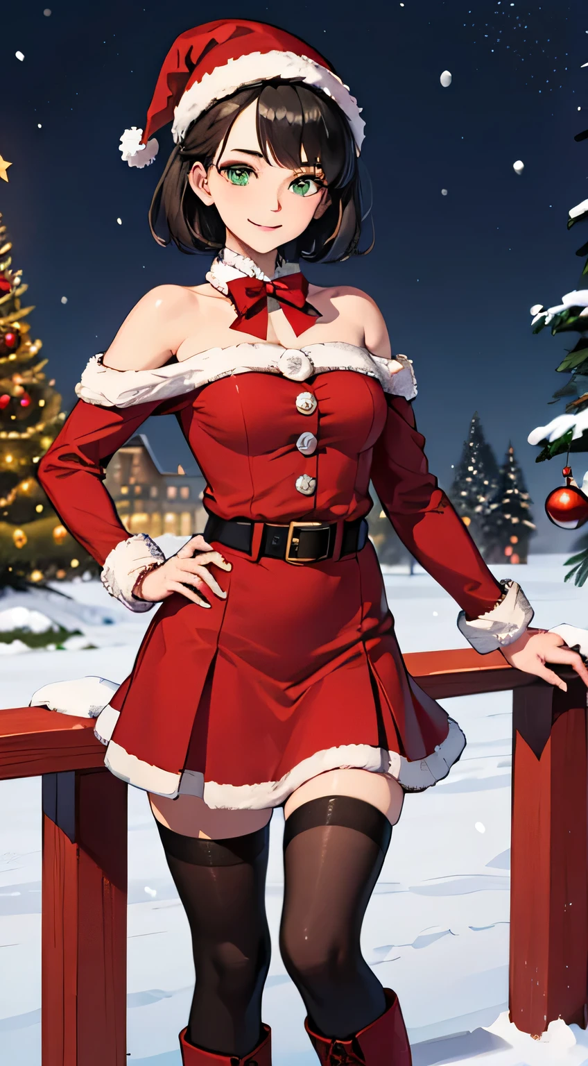Full HD image, ((full-shot)), Standing, 4k, Details, eyes Details, hiquality, Best Quality, Ultra-detailed, 1girl, the perfect body, ((Masterpiece)), (((under upskirt))), ((red panties)), Smile, Green eyes, ((black hair)), (((Short hair))), Wavy Hair, forehead, ((Red erotic Christmas costume)), little chest, Christmas has, bare shoulders, belt, ((red bow)), (upskirt), ((Stockings)), (red army boots), snowing, En plein air, night time, dark sky, ((field)), luna