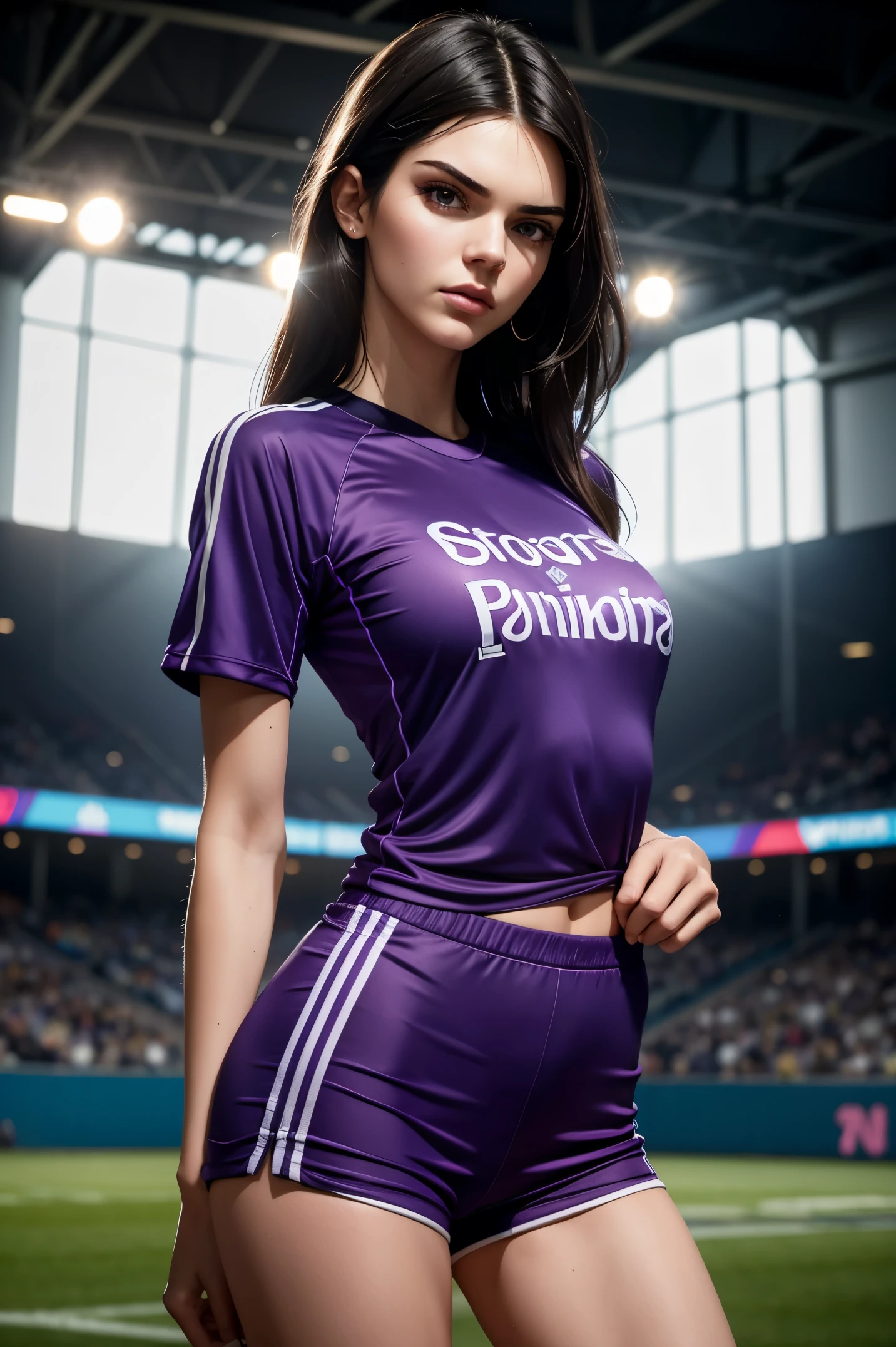 Kendall Jenner, wearing purple sports mini t-shirt, purple mini shorts, no text just numbers, wearing sports jersey, big breast, straight looking at me view, professionally retouched, soft lighting, realistic, smooth face, perfect eyes, sharp focus on eyes, 8 k, high definition, insanely detailed, intricate, elegant. in a sports field