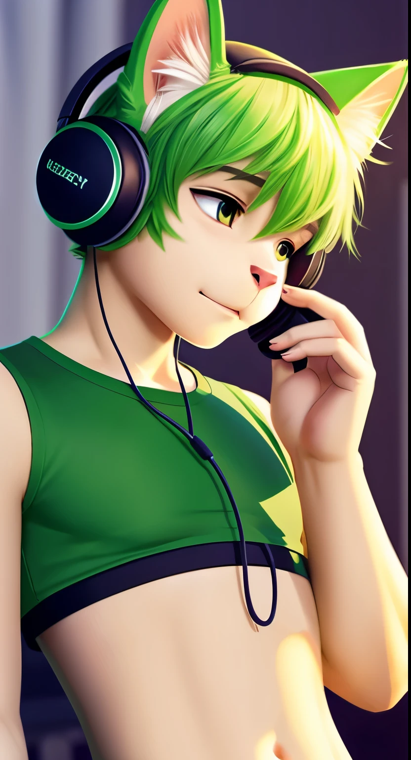 A cat boy stands in a short green top and listens to music, fluffy fur, crop top, headphones on head