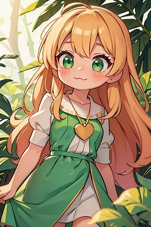 best quality, masterpiece, a girl, golden hair, green dress, dark green cape, pink heart pendant, adorable, cute, in a forest