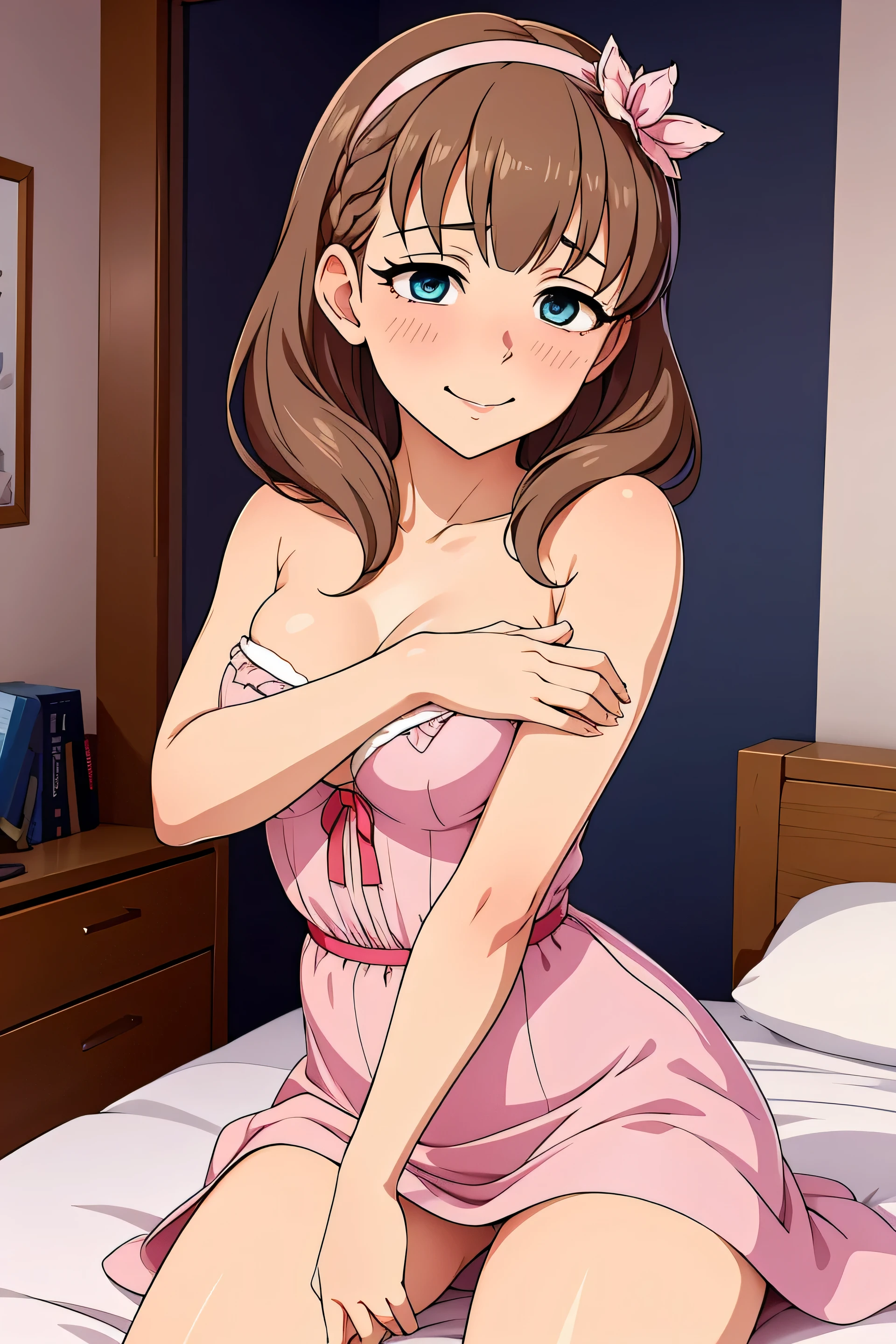 1girl in, ((masutepiece)),((Best Quality)),Ultra-detailed,illustratio,explicit,Beautiful body,Beautiful nose,Beautiful character design,Perfect eyes,Perfect face,Wallpaper,超A high resolution, 4K,Photography,(Beautiful normal breast),(Beautiful face:1.2),Beautiful legs, Mayu Sakuma, Shiny skin,anime screen cap,official style, Solo, arrogant smile, Sunnyday,Daytime, Looking at Viewer, POV, Detailed eyes, Complex hairstyle、drooing eyes、queen dress, wide eyed, Crazy smile, Empty eyes, POV cowgirl, Sweat, flying sweatdrops, arms crossed, I'm looking at you, pov, 30 years old, in a bed room, top less, opened dress, undressing, pink panties, pink dress, pink hairband, (exposed chest), naked chest, (sensul), (erotic), (revealing)