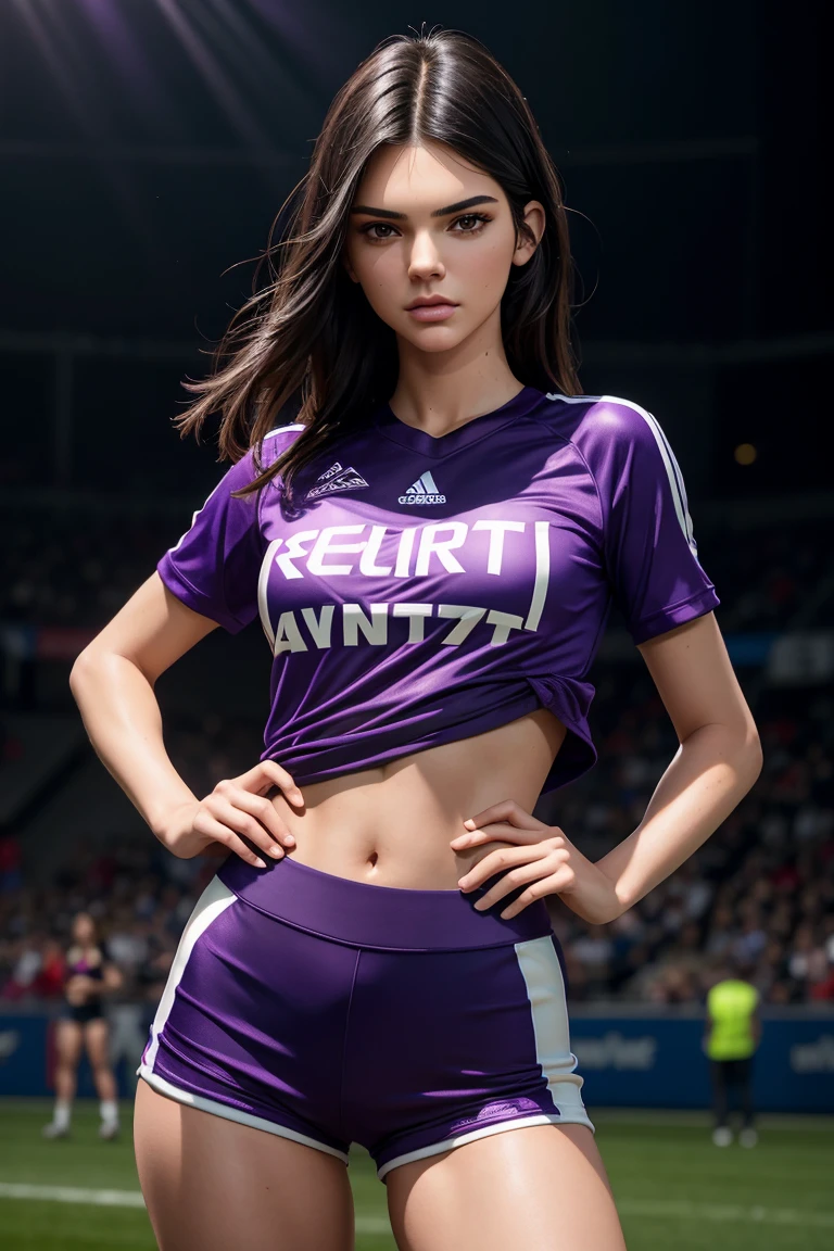 Kendall Jenner, wearing purple sports mini t-shirt, purple mini shorts, no text just numbers, wearing sports jersey, big breast, straight pose, professionally retouched, soft lighting, realistic, smooth face, perfect eyes, sharp focus on eyes, 8 k, high definition, insanely detailed, intricate, elegant. in a sports field
