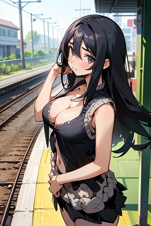 straight hair,long hair,black hair,black eye,blush, ((cleavage breasts:1.6)),(black camisole,mini skirt,knitted vest:1.3),no_bra,(:>),(((looking ahead))), (looking afar), (looking to the side), (((back viewers))),(train station platform),(((looking ahead:1.5)))
