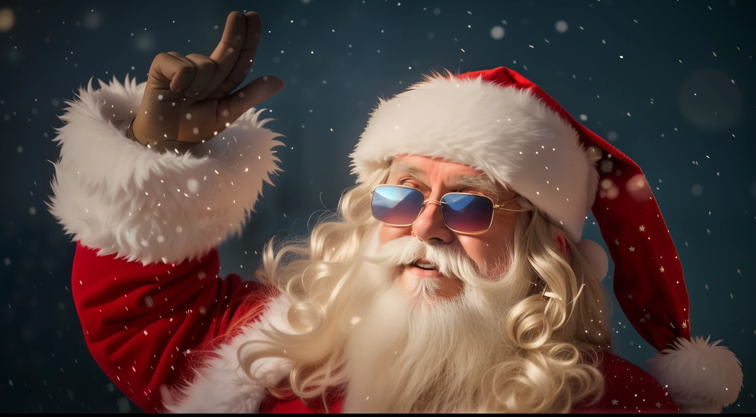 santa claus is waving his hand in the air while wearing sunglasses, santa claus, santa, santa clause, vacation, Close-up portrait shoot, Alexei Egorov, Mikko Lagerstedt, santa inside a rustic barn, Happy!!!, Inspired by Rudolf F. Ingerle, inspired by Rudolph Belarski, author:Matthias Wescher, close up photograph, Resort atmosphere