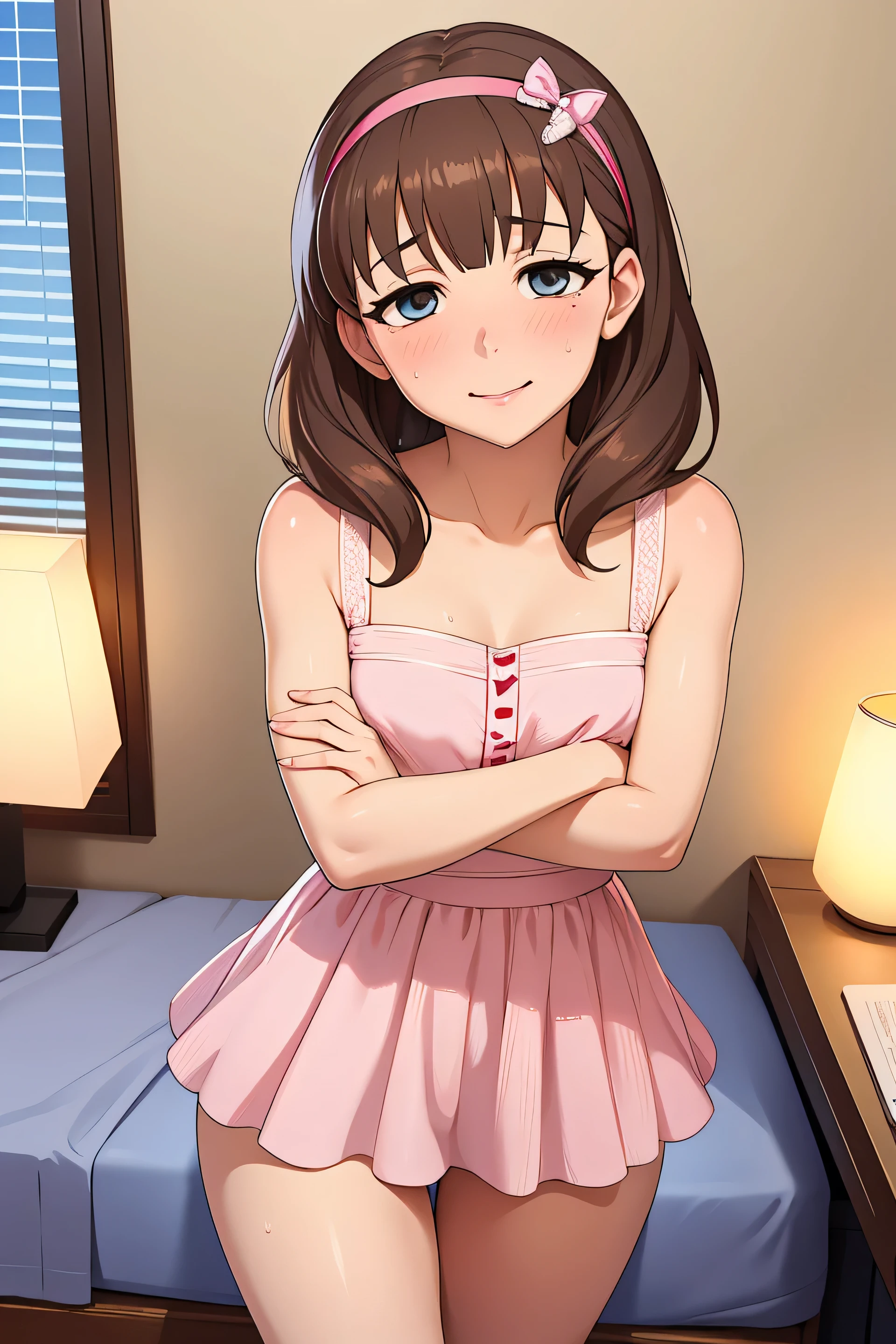 1girl in, ((masutepiece)),((Best Quality)),Ultra-detailed,illustratio,explicit,Beautiful body,Beautiful nose,Beautiful character design,Perfect eyes,Perfect face,Wallpaper,超A high resolution, 4K,Photography,(Beautiful normal breast),(Beautiful face:1.2),Beautiful legs,  Mayu Sakuma, Shiny skin,anime screen cap,official style, Solo, arrogant smile, Sunnyday,Daytime, Looking at Viewer, POV, Detailed eyes, Complex hairstyle、drooing eyes、small queen dress, wide eyed, Crazy smile, Empty eyes, POV cowgirl, Sweat, flying sweatdrops, arms crossed, I&#39;m looking at you, pov, 30 years old, in a bed room, top less, opened dress, undressing, pink panties, pink dress, pink hairband, (exposed chest), naked chest, (sensul), (erotic), (revealing)