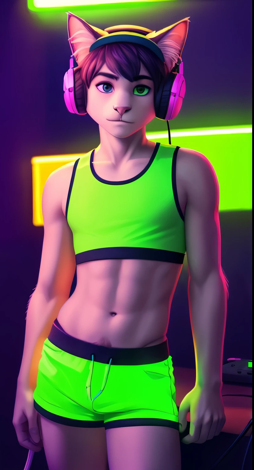 A cat boy stands in a short green top and listens to music, fluffy fur, crop top, headphones on head, neon lighting, evening