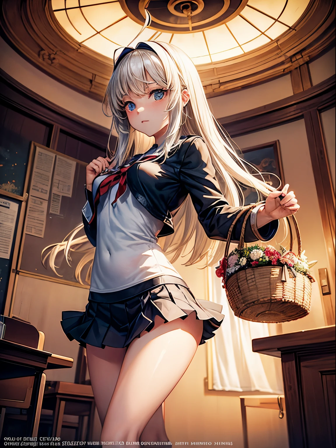 Wenzel Jamnitzer, Jenna Kunnas, Surreal, mysterious, strange, fantastical, fantasy, Sci-fi, Japanese anime, classroom in a basket, departing ship, beautiful miniskirt girl, perfect voluminous body, detailed masterpiece