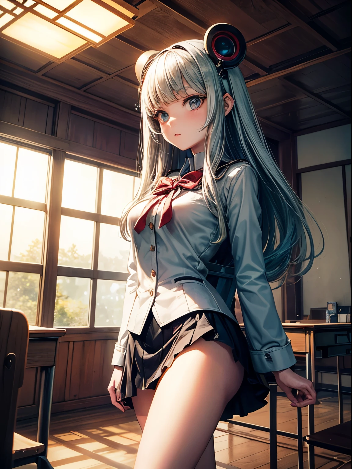 Wenzel Jamnitzer, Jenna Kunnas, Surreal, mysterious, strange, fantastical, fantasy, Sci-fi, Japanese anime, classroom in a basket, departing ship, beautiful miniskirt girl, perfect voluminous body, detailed masterpiece