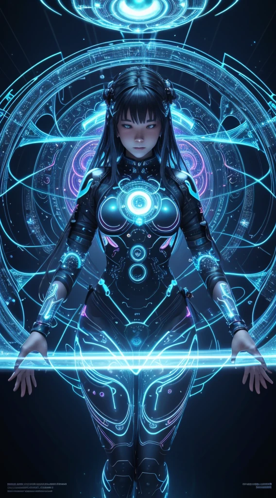 A female techno-shaman surrounded by a holographic array of geometric fractals, her body merging seamlessly with the pulsating, luminous patterns as she accesses a transcendental digital plane using her cybernetic enhancements.