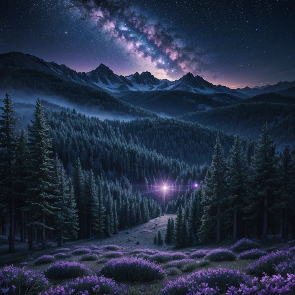 fairytale mountain landscape, Forest Sunset, open space background, Planet, Stars, hyper-detailing , Mysticism, back light, fantasy, black atmosphere, purple tones , hyper realistic, beutiful, lumen, Professional photo, is beautiful, 3d, Realistic, 64k, hight resolution, higly detailed, cgi, hyper realisitc,f/16, 1/300s. high detailed digital painting, Realistic