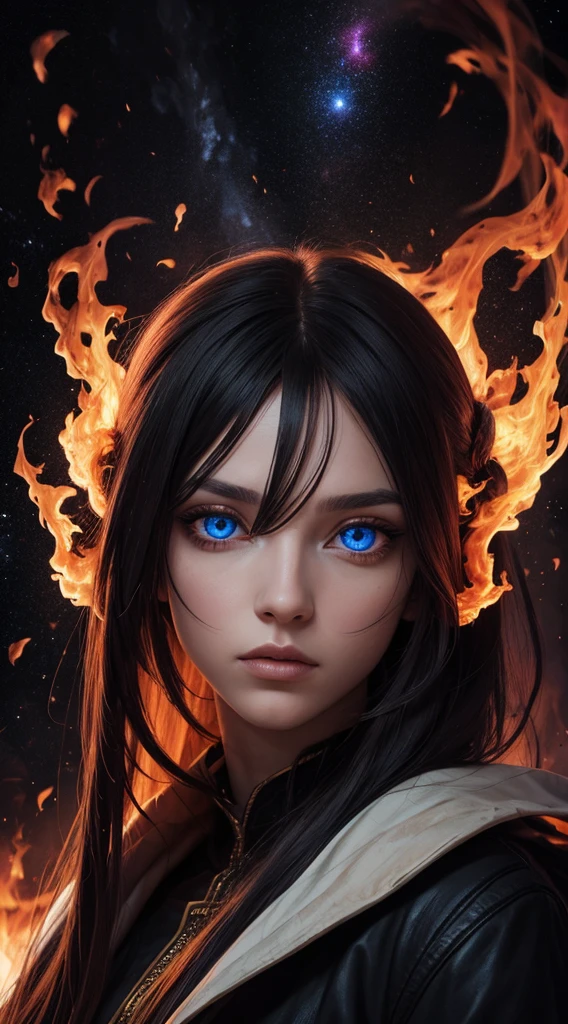 A portrait of a person with surreal elements: galaxy eyes and hair made of flames.