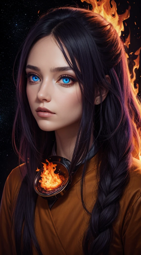 A portrait of a person with surreal elements: galaxy eyes and hair made of flames.