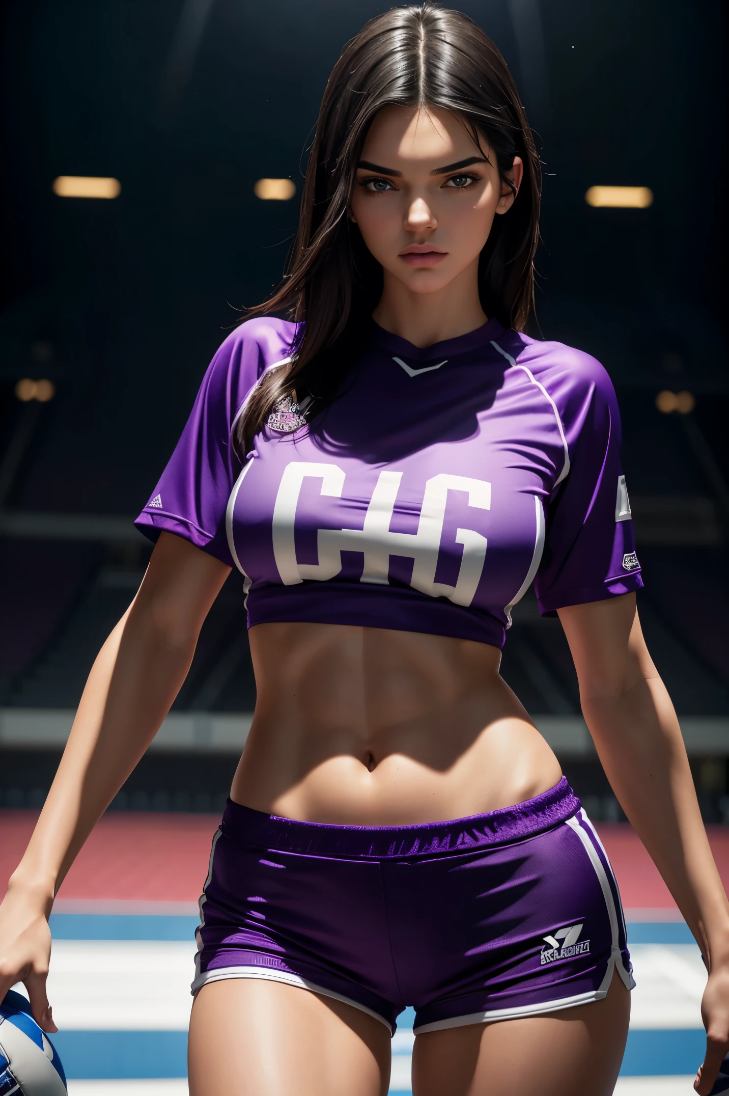 Kendall Jenner, wearing purple sports mini t-shirt, purple mini shorts, no text just numbers, wearing sports jersey, big breast, straight pose, professionally retouched, soft lighting, realistic, smooth face, perfect eyes, sharp focus on eyes, 8 k, high definition, insanely detailed, intricate, elegant. in a sports field
