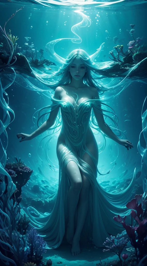 A surrealistic depiction of a woman submerged in an ethereal liquid, her body entwined with bioluminescent flora and fauna, emanating a soft glow as she drifts through an underwater dreamscape of surreal proportions.