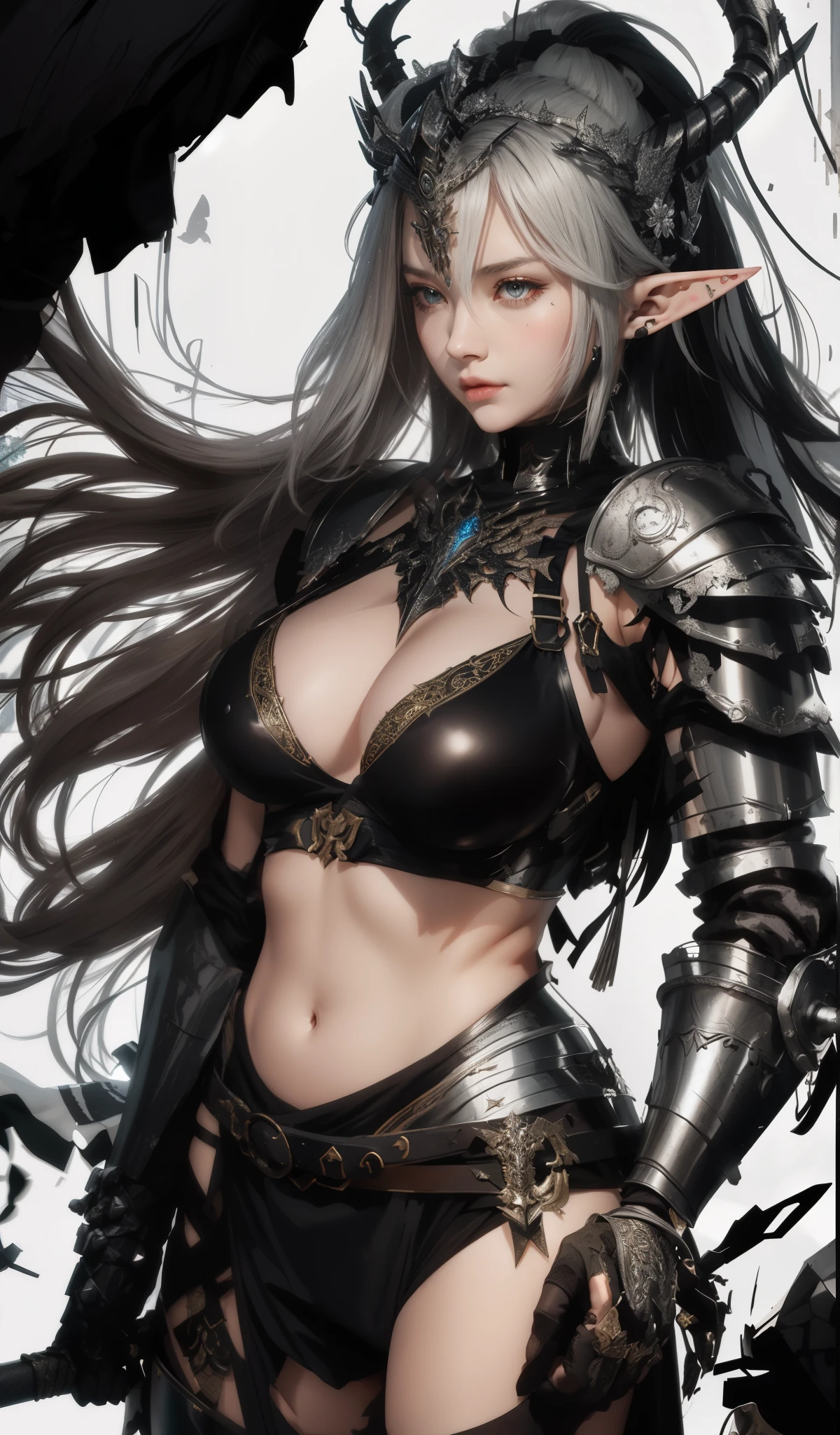 Completely different actions from the original picture,Exactly the same character,A man wearing black armor that covered the whole body、Wearing a helmet with a long horned crown、Drawing of elf woman holding sword,(black bra cloth), long elf ears,biomechanical oppai, Thick armor,Half eye patch, ornate bikini armor, wearing shining breastplate, Wearing armor!!,White long hair ponytail, a very beautiful violent woman, Covered in scaled armor, Armor Maiden, is dressed in armor