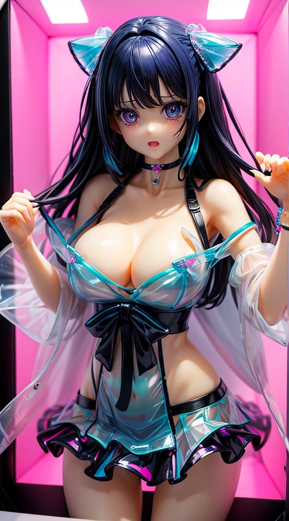 pvc revoltech,plastic model,Crystal clear shining eyes,embarrassed from,Bright face,Crying face,Cute,A sexy,kawaii girl, a choker,Constriction,big breasts thin waist,Slim big,Nipple protrusion,toppless,long, shiny hair,Transparent glossy vinyl ribbon,Transparent panties exposed,Off-the-shoulder see-through shirt,Transparent glossy vinyl miniskirt,embarrassed fromポーズ,In the box,sitting on,Canada,