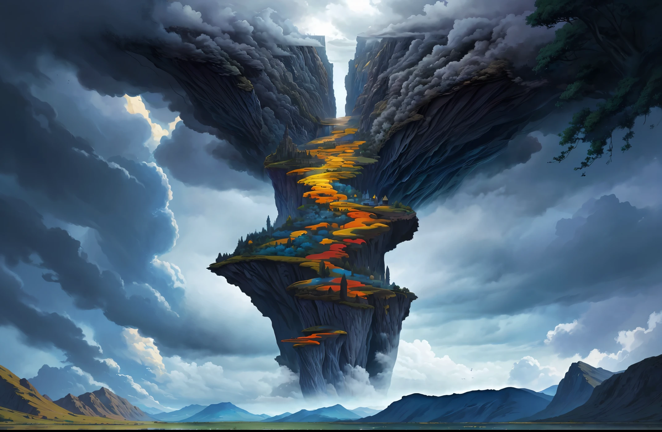 There is a painting of a waterfall,The background is a mountain, Epic surreal 8K oil painting, fantasy artrealistic painting, highly detailed digital painting, Whimsical fantasy landscape art, Fantasy landscape painting, 4k highly detailed digital art, symmetrical epic fantasy art, Impressive fantasy scenery, detailed fantasy digital art, fantasy digital painting, surreal concept art, very detailed digital painting