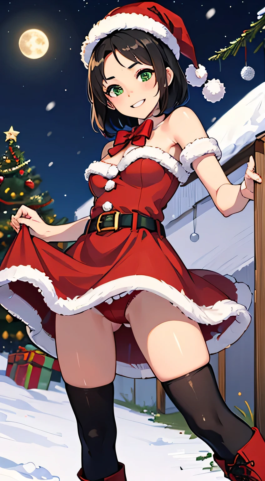 Full HD image, ((full-shot)), 4k, Details, eyes Details, hiquality, Best Quality, Ultra-detailed, 1girl, the perfect body, ((Masterpiece)), (((Upskirt))), ((red panties)), Smile, Green eyes, ((black hair)), (((Short hair))), Wavy Hair, forehead, ((Red erotic Christmas costume)), little chest, Christmas has, bare shoulders, belt, ((red bow)), (long skirt), ((Stockings)), (red army boots), snowing, En plein air, night time, dark sky, ((field)), luna