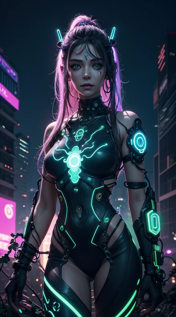 A cyberpunk-inspired goddess merging technology and nature, her body adorned with bioluminescent tattoos, circuits intertwining with vines, and a neural interface glowing beneath her skin, overlooking a cityscape blending neon lights with organic elements.
