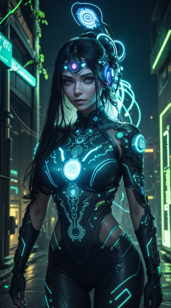 A cyberpunk-inspired goddess merging technology and nature, her body adorned with bioluminescent tattoos, circuits intertwining with vines, and a neural interface glowing beneath her skin, overlooking a cityscape blending neon lights with organic elements.