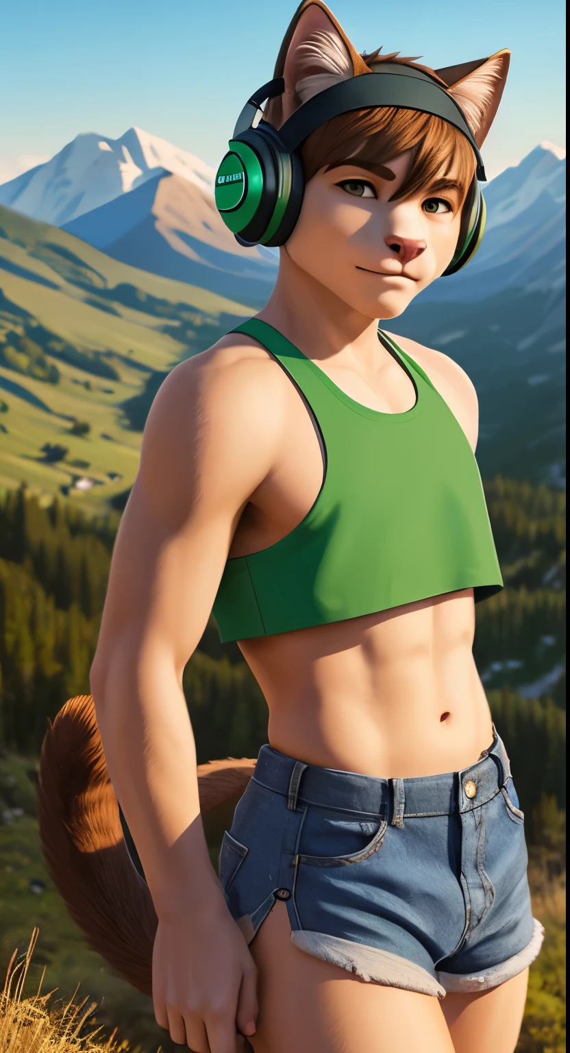 A cat boy is standing in the mountains in nature, he is wearing a short green top and listening to music, fluffy fur, crop top, headphones on head, Beautiful mountains, crop top, Short shorts