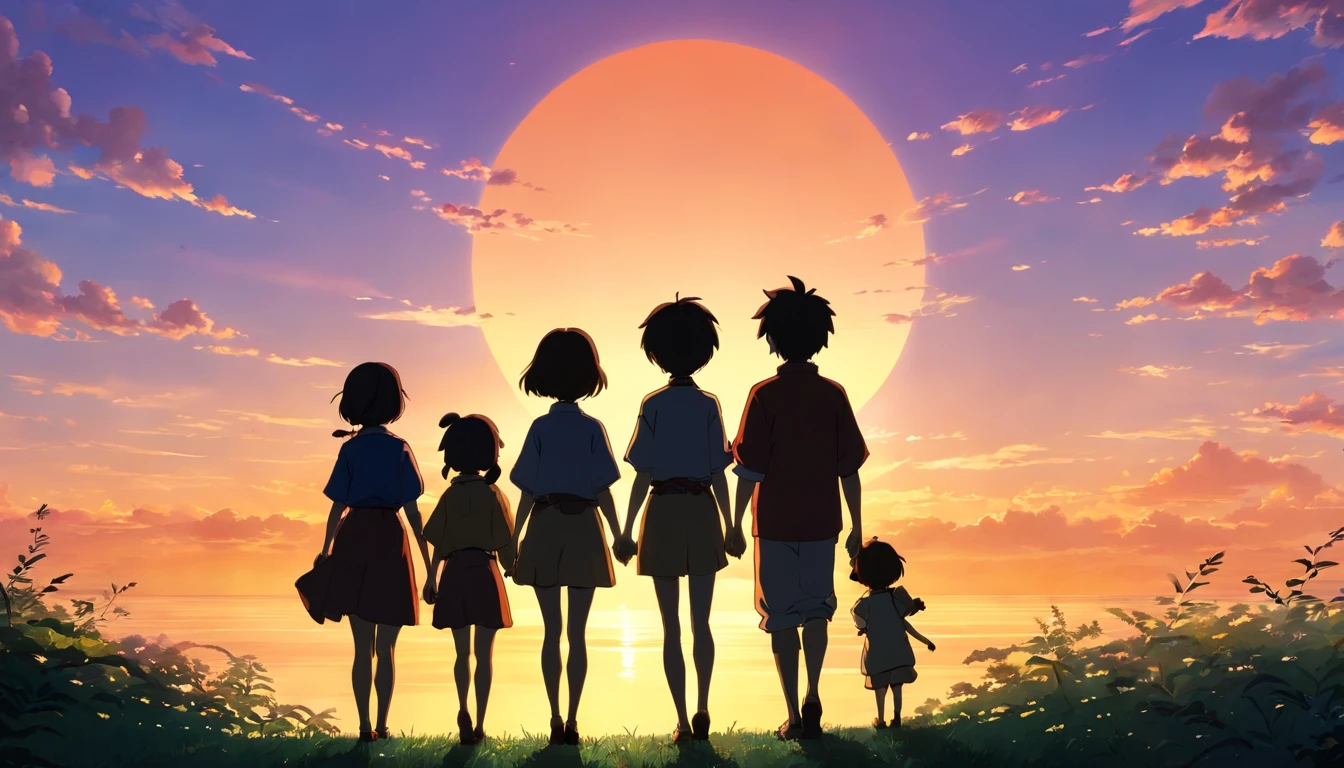 a silhouette shot of friends standing together, with the setting sun casting a warm and radiant glow, symbolizing the enduring bond and happiness they bring to each other’s lives