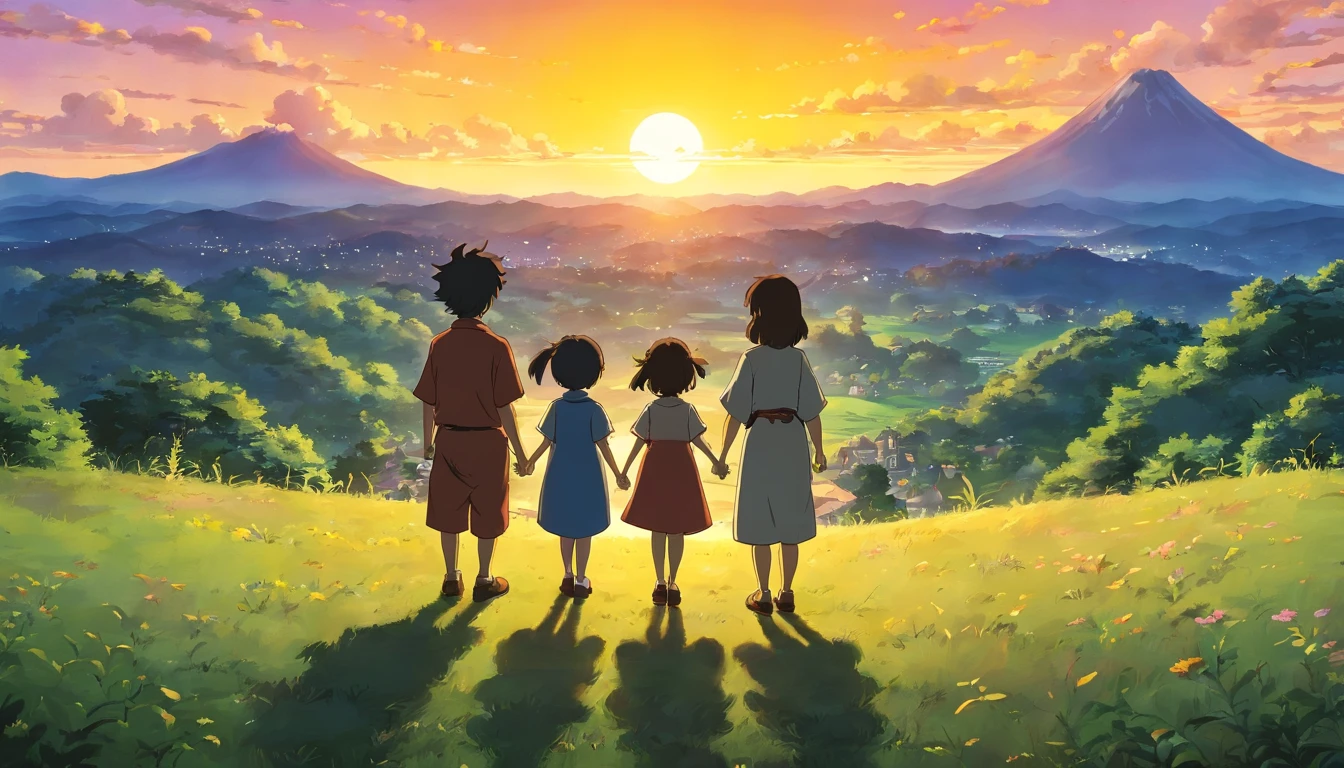 a silhouette shot of friends standing together, with the setting sun casting a warm and radiant glow, symbolizing the enduring bond and happiness they bring to each other’s lives
