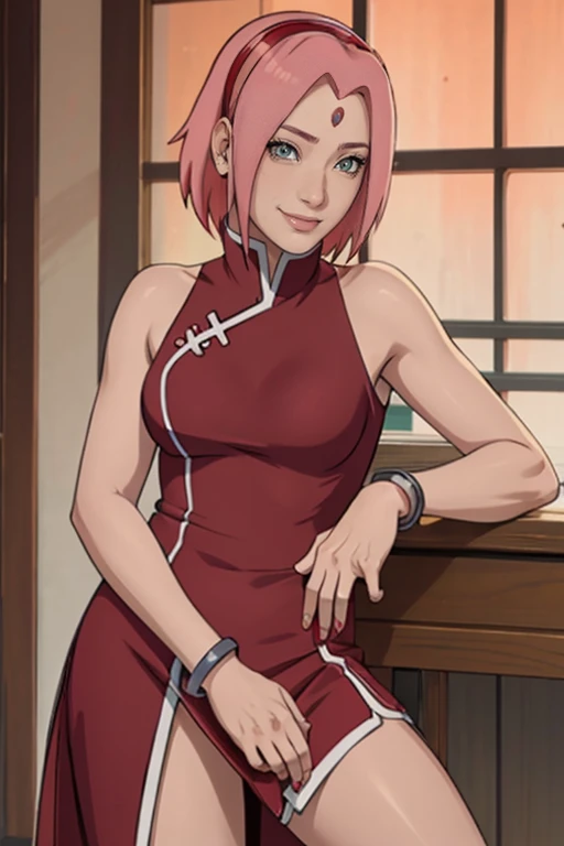 masterpiece, haruno sakura, bracelets, forehead mark, red hairband, uchiha crest, beautiful eyes, sexy seductive smile, beauty