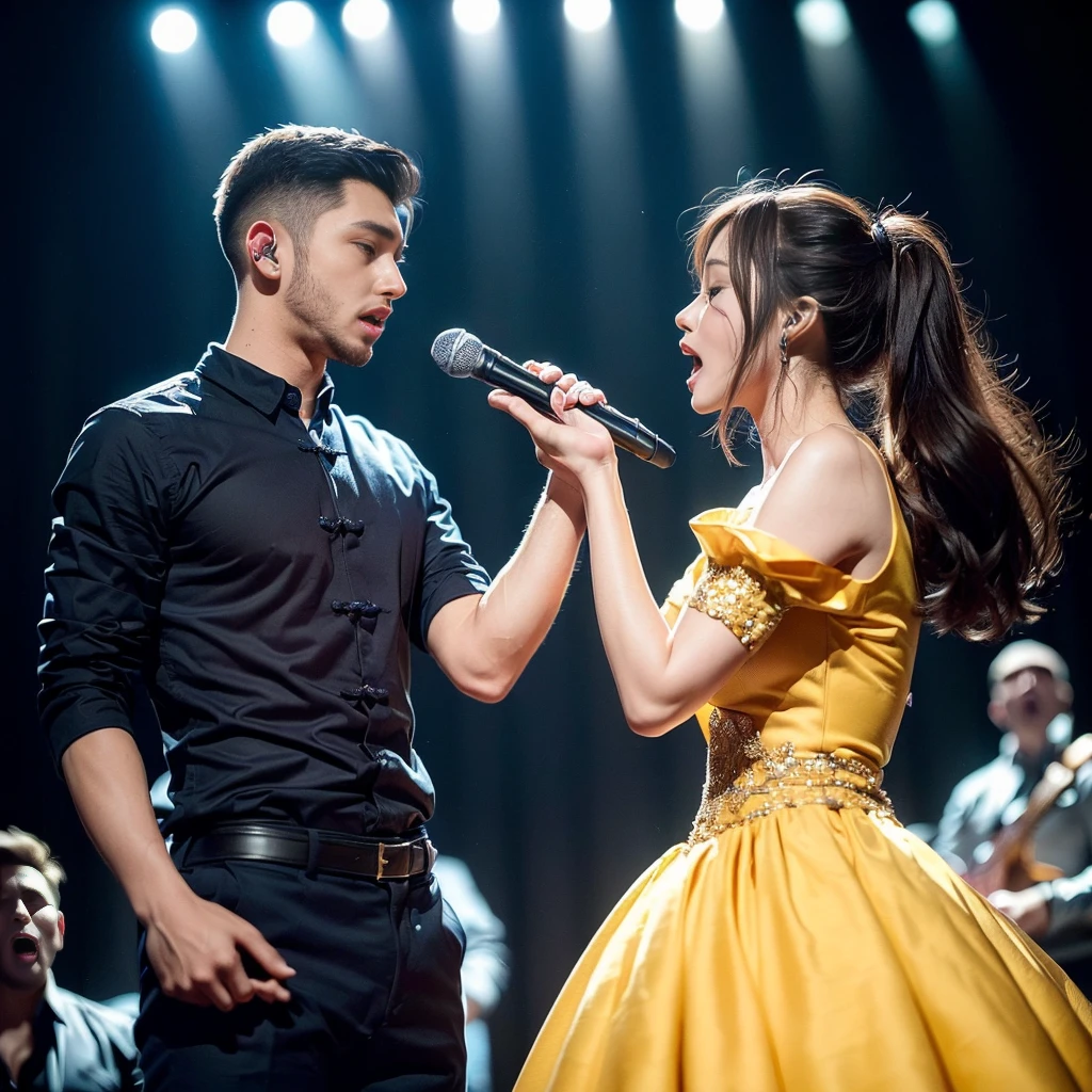 (young man:1.8) ((in detailed business clothes)) and woman (((in detailed dress for waltz (with sleeves)))) ((slow loud singing:1.8) each other) a love song while (looking into each other's eyes:1.9), ((Chinese) pop idol:1.4), on stage, (romantic effect), (more detail), (hand holding microphone), (perfect hand:1.9), (photorealistic:1.9)