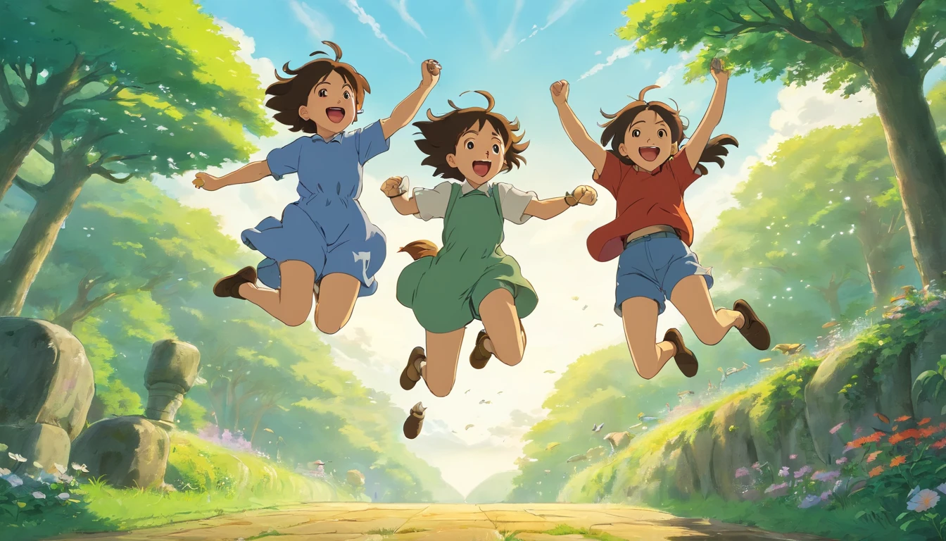 a dynamic action shot of friends jumping in the air, their faces beaming with joy and laughter, capturing the carefree and uplifting nature of their connection