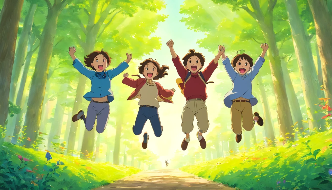 a dynamic action shot of friends jumping in the air, their faces beaming with joy and laughter, capturing the carefree and uplifting nature of their connection