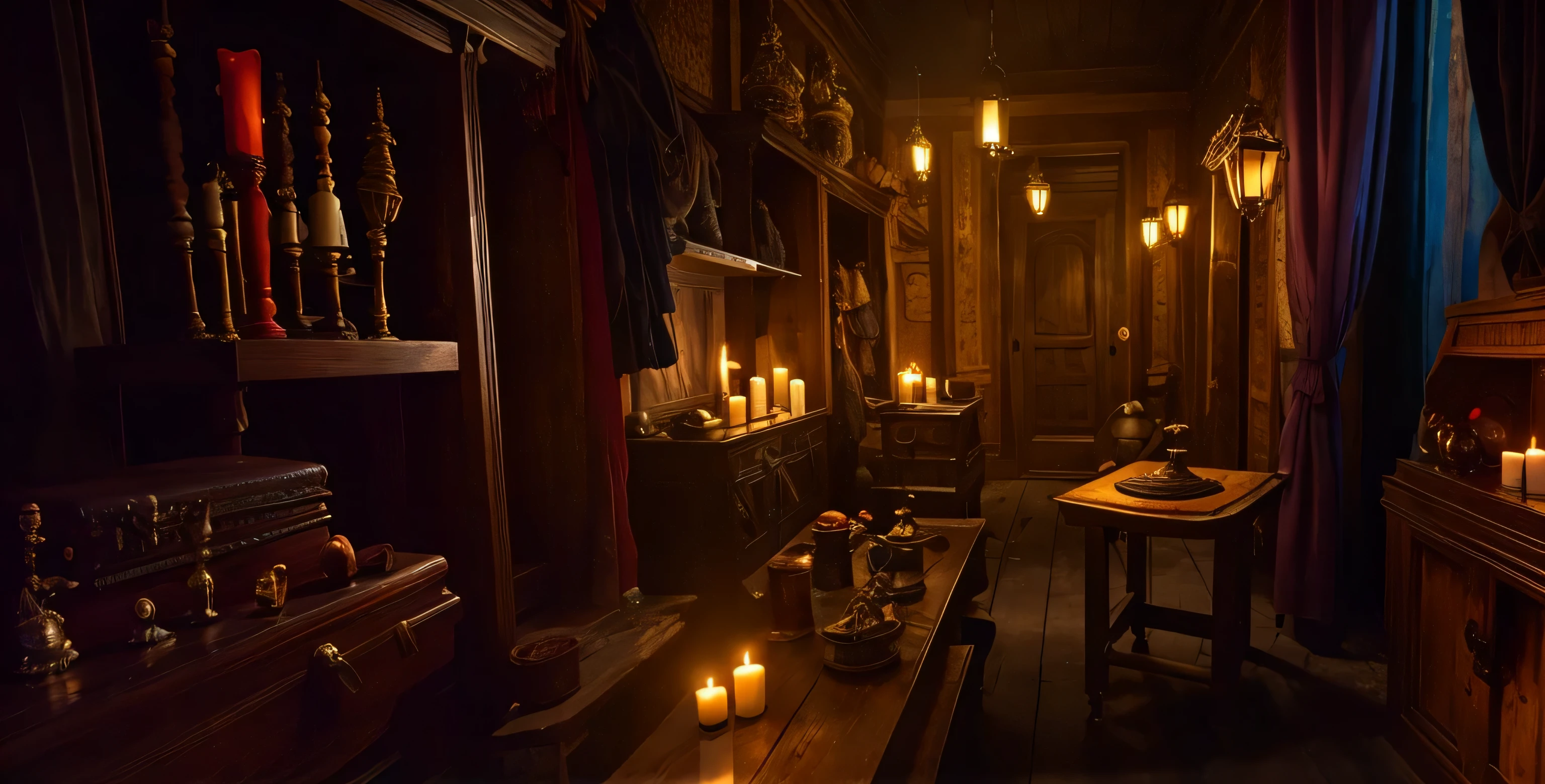 there is a small and cramped room with antique objects on it, water that fall on the floor, table, ancient object, indiana jones style, tomb rider play style, nightime, candles and lamp liht, cinematic, antique shop, renaissance, alchemist
