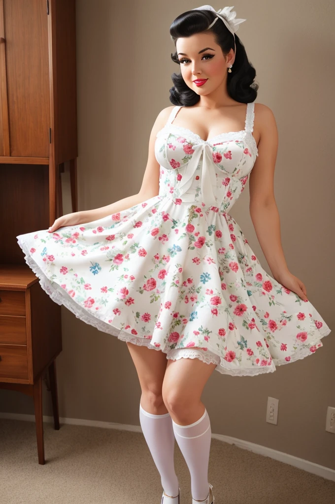 BEST QUALITY, WOMAN, PINUP, 50´S STYLE, FLORAL DRESS, GARTER BELTS, WHITE SCENARIO