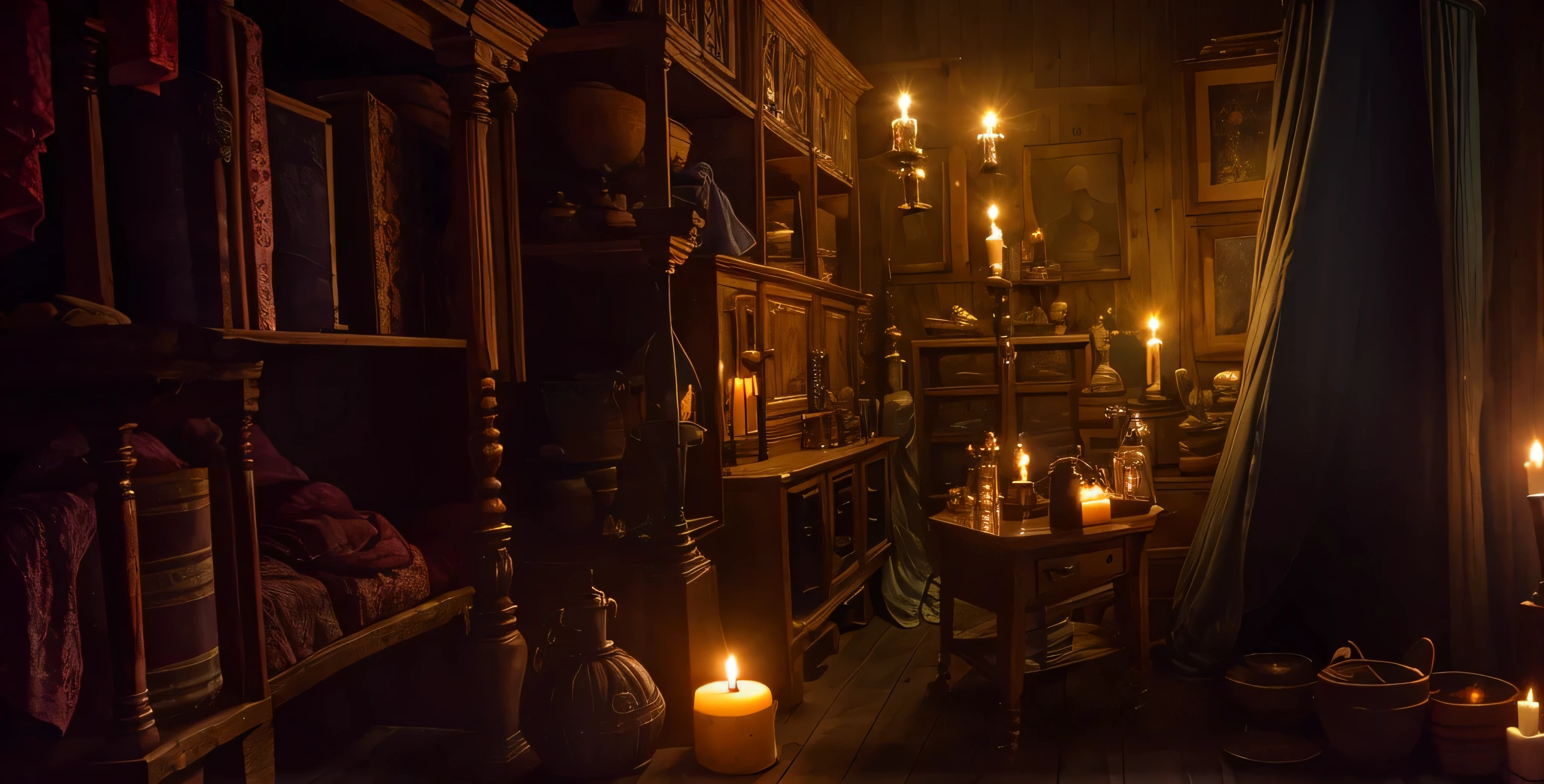 there is a small and cramped room with antique objects on it, water that fall on the floor, table, ancient object, indiana jones style, tomb rider play style, nightime, candles and lamp liht, cinematic, antique shop, renaissance, alchemist