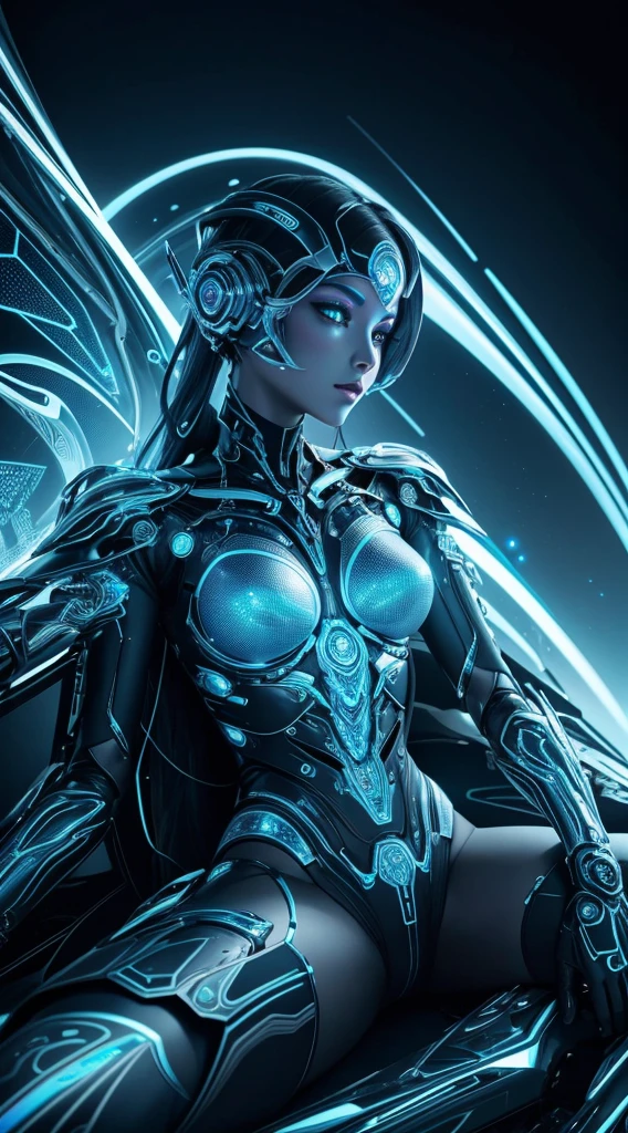 An android-like female figure, her metallic skin engraved with luminous fractal designs, reclining against an abstract, fractal-generated construct of iridescent colors and shapes that seem to exist in multiple dimensions simultaneously.