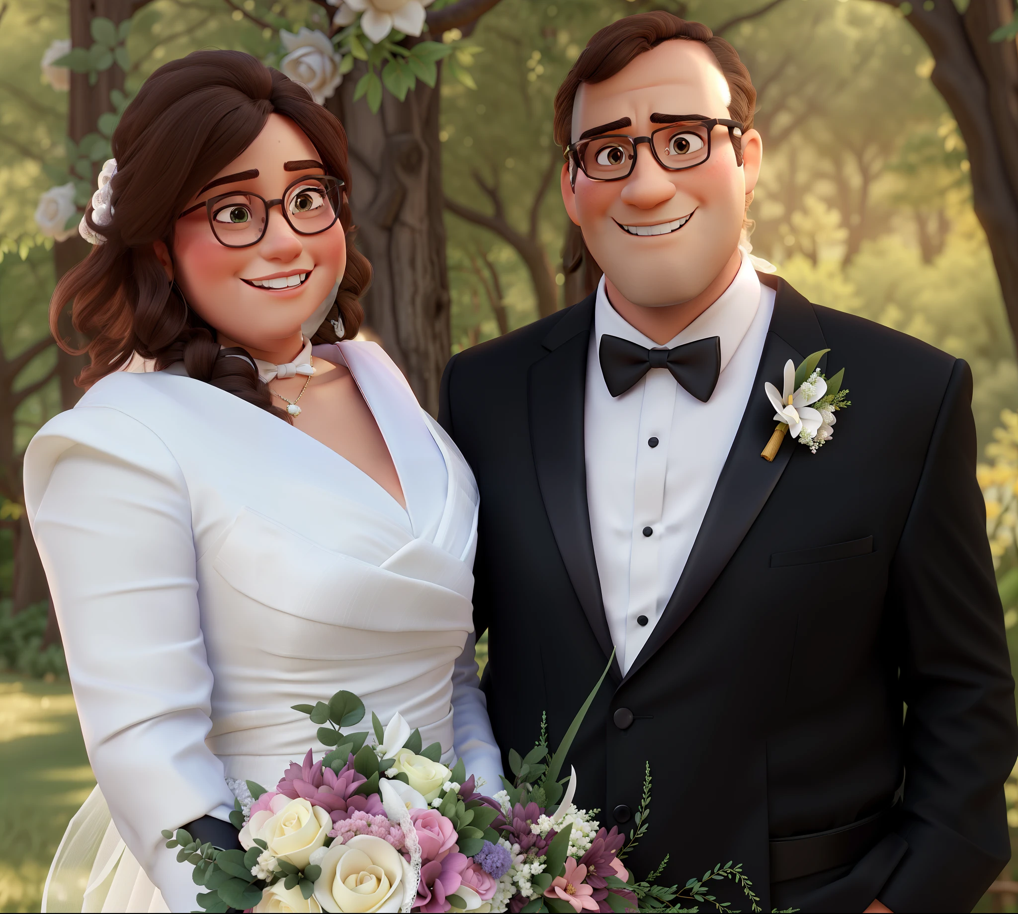 keep facial aspects, inspired by Pixar, HD , 4k , magic , love , standing in front of beautiful forest , bride is slightly chunky, bride wearing long sleeve wedding dress , bride has extra long black hair, bride has nothing in hair , bride wearing round pink glasses , bride holding flower bouquet , groom is slightly chunky, groom has light brown hair, groom wearing browline glasses , groom wearing black tuxedo with bow tie