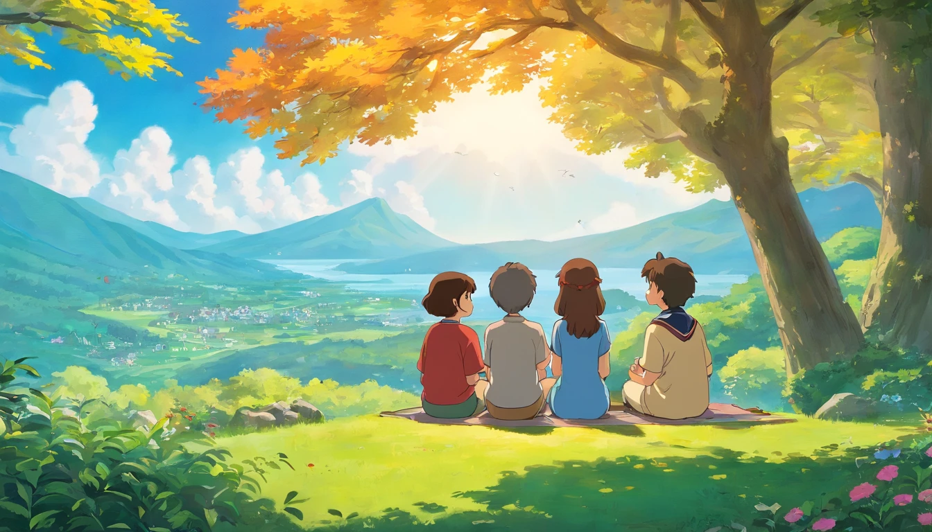 a serene shot of friends sitting together in nature, surrounded by beautiful scenery, with expressions of peace and contentment, highlighting the joy of spending quality time in each other’s company