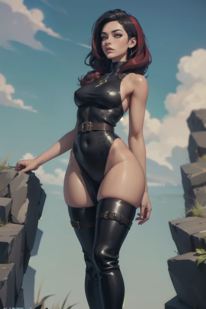 Fortnite character with jet black hair, red highlights all around, long silky straight hair down to the waist, tan skin tone, thin waist, wide hips, average height, thigh high boots, plump thighs,sleepy siren eyes, long eyelashes