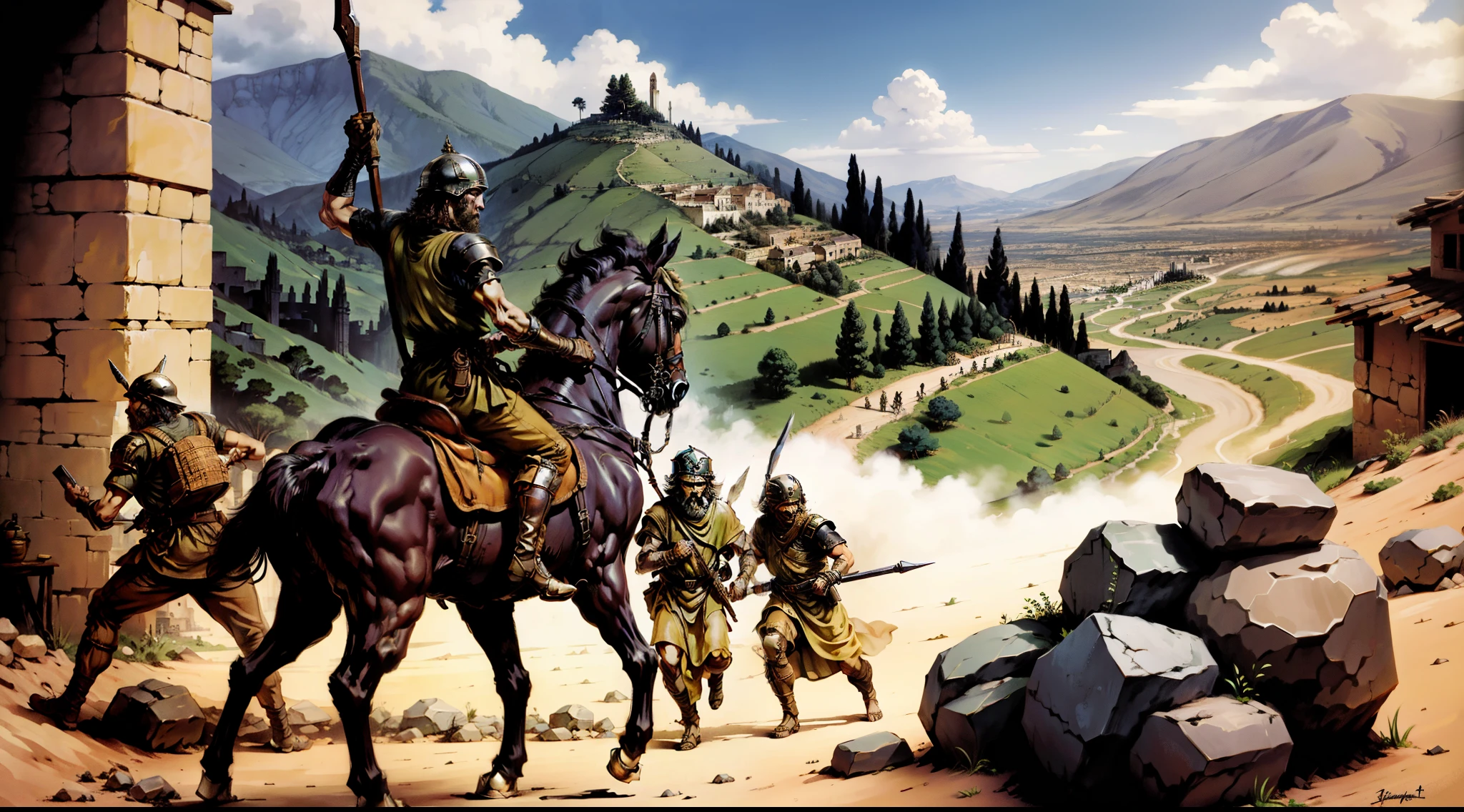 Depict the Israelites conquering the villages as per God's instructions.