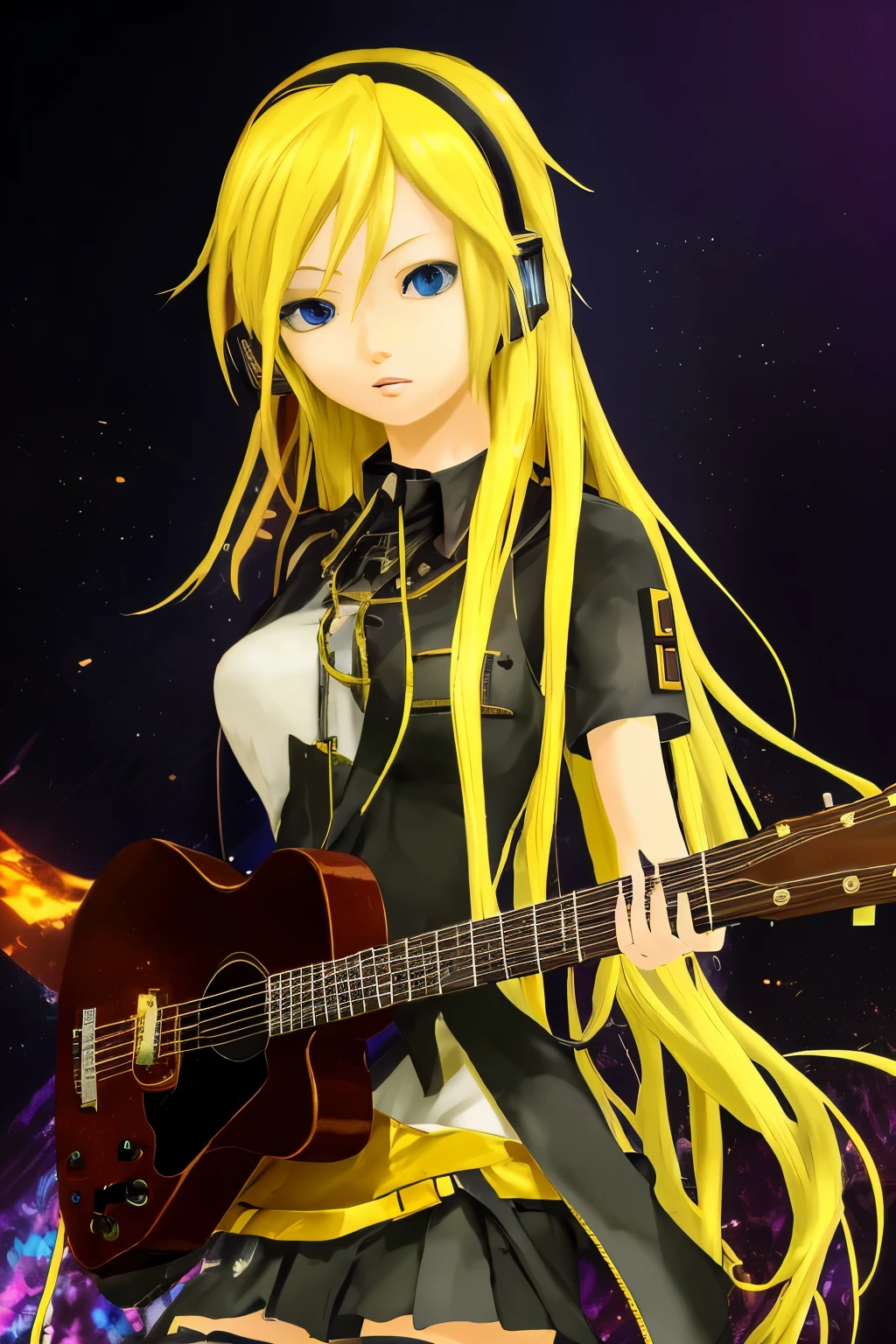 top quality 32k raw photo of Vocaloid3 Lily posing, blond hair blue eyes. guitar background.