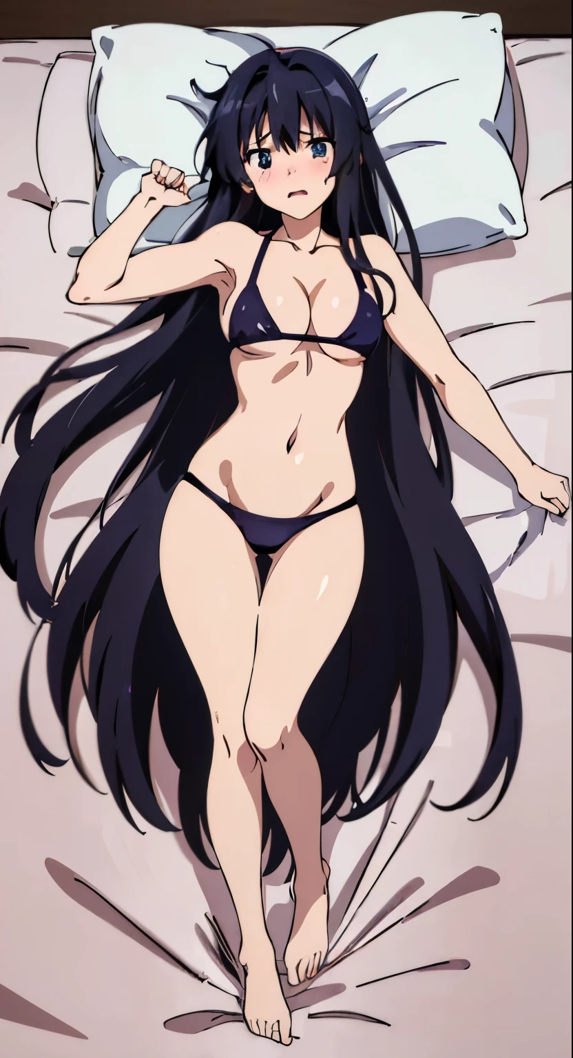 (tmasterpiece、quality、the detail、超高分辨率、8K、Beautifully detailed lighting、Very beautiful girl、Long black hair，Coiled hair、female high-school student、Clothed only in bikini、cleavage display、There&#39;s a big sausage in her cleavage，sweat profusely、1 girl in、eBlue eyes、Sleeping on the Bed、Red blush、embarrassed from、((horrified expression))、bareless、compulsive、Loved it very much、Sexual facial expressions seen from above、Perfectly trimmed fingers，don't have clothes，spread your legs，There is a lot of water in the bottom of the bikini，Roll your eyes upwards，Stick out your tongue，Full body photo，slender thighs，Spread your legs，drools，messy hair，half-open bikini。Put one hand between your legs，The lines between the legs are real。There are tears in the corners of the eyes，There are swirling lines inside the eyes，Tsundere，body up and down，Strenuous movements、Hand repair