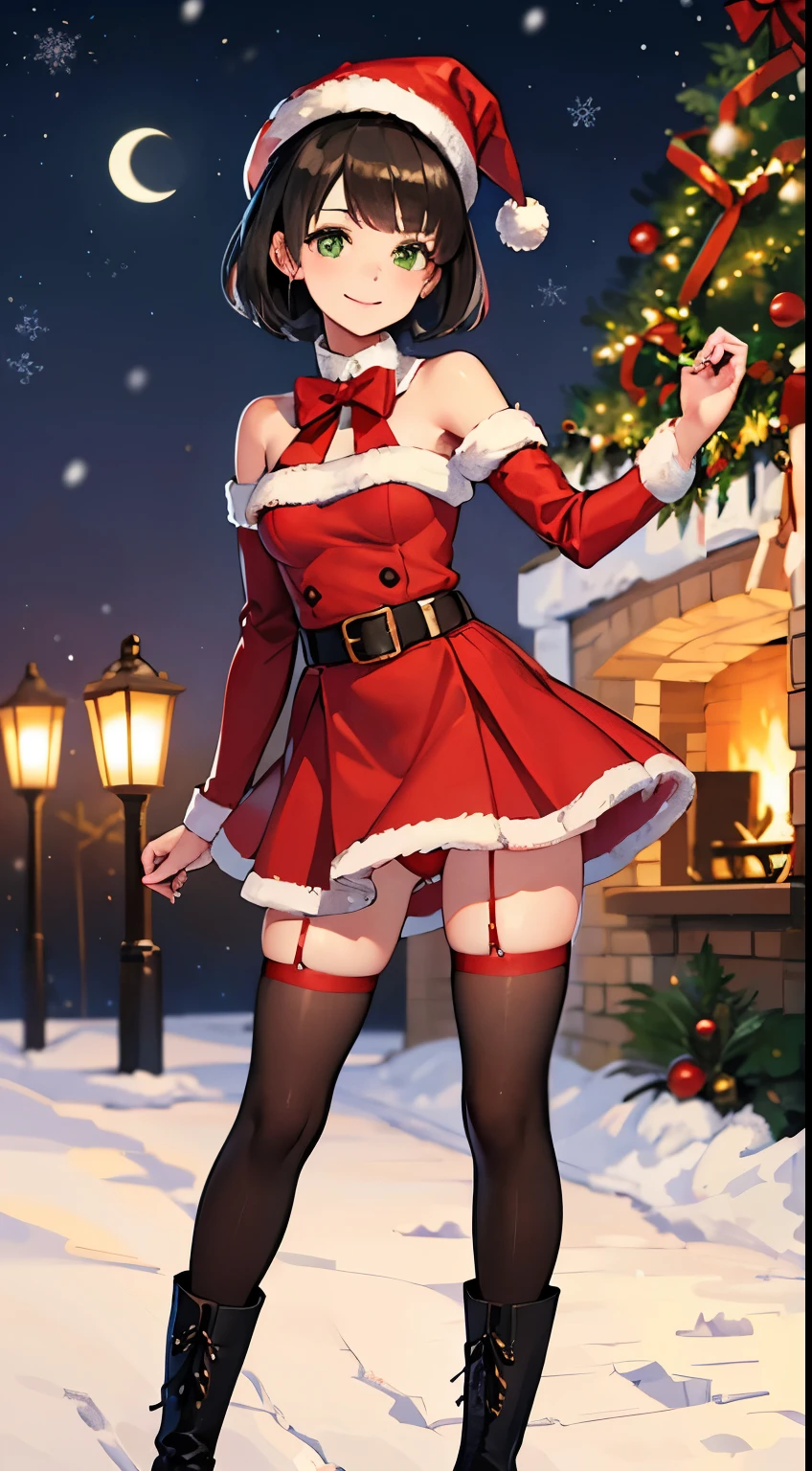 full HD Image, ((full shot)), standing, 4K, details, eyes details, high quality, best quality, ultra-detailed, 1girl, perfect body, ((Masterpiece)), (((under skirt))), ((red panties)), smile, green eyes, ((black hair)), (((short hair))), wavy hair, forehead, ((red erotic christmas costume)), small breast, christmas hat, bare shoulders, belt, ((red bow)), (skirt), ((stockings)), (red army boots), snow, outdoor, night, dark sky, ((field)), moon