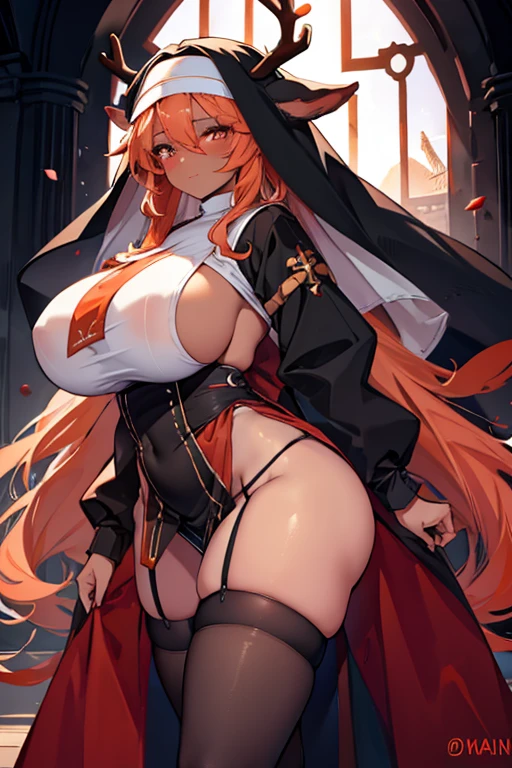 long hair, orange hair, (dark skin female), (nun), big breasts, Big ass, Deer antlers, large horn, heavy body, large body, venus body, gigantic large tits, red blush, stockings,garter belt,