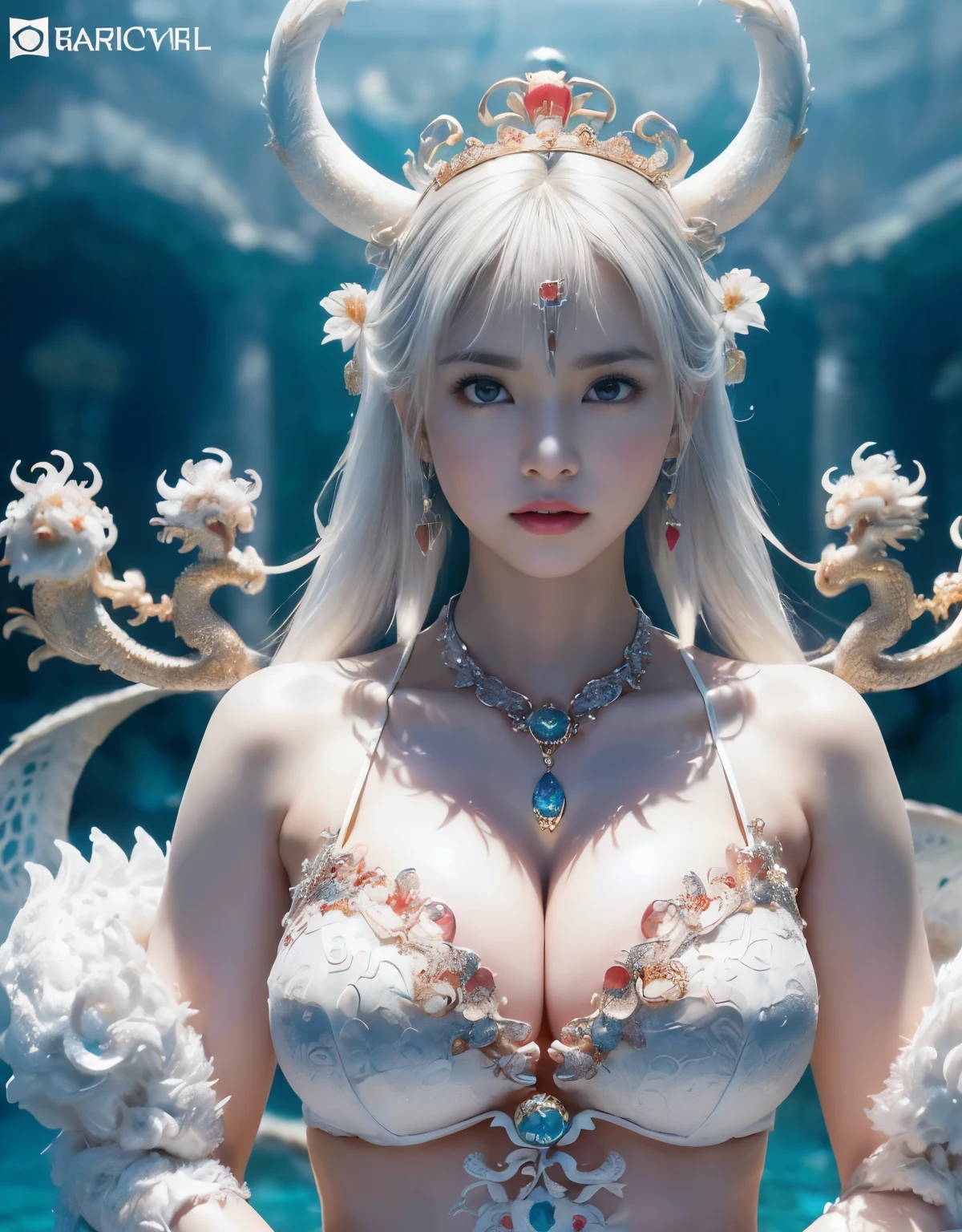 (intense chest expression),top-quality、masterpiece、超A high resolution、(Gold Dragon Armor)、(((Colossal tits)))、(((large floral ornament on the head))),(((Detailed Micro Bikini))),(Wearing a beautiful crown made of jewels),(Photorealsitic:1.4)、Raw photo、1人、(((Random hair))、(((Take different poses)))、glowy skin、(((White Chinese Dragon)))、Intricate and ornate hair ornaments、(Looks like a gorgeous jewelry necklace)、(Full Body Angle)、(fight big dragonet bikini)、((Beautiful sea background)),Precipitous cliffs、(Castle background)、((super realistic details))、portlate、globalillumination、(sexypose)、Shadow、octan render、8K、ultrasharp、Colossal tits、Raw skin exposed in the cleavage、metals、Details of complex ornaments、Japan details、highly intricate detail、Blue eyes、Eyes shining towards the camera、Toostock、(Full Body Angle)、(veils)、(((Heavy Big))),((she is wearing a beautiful jeweled bangle.)),Beautiful hip line、
