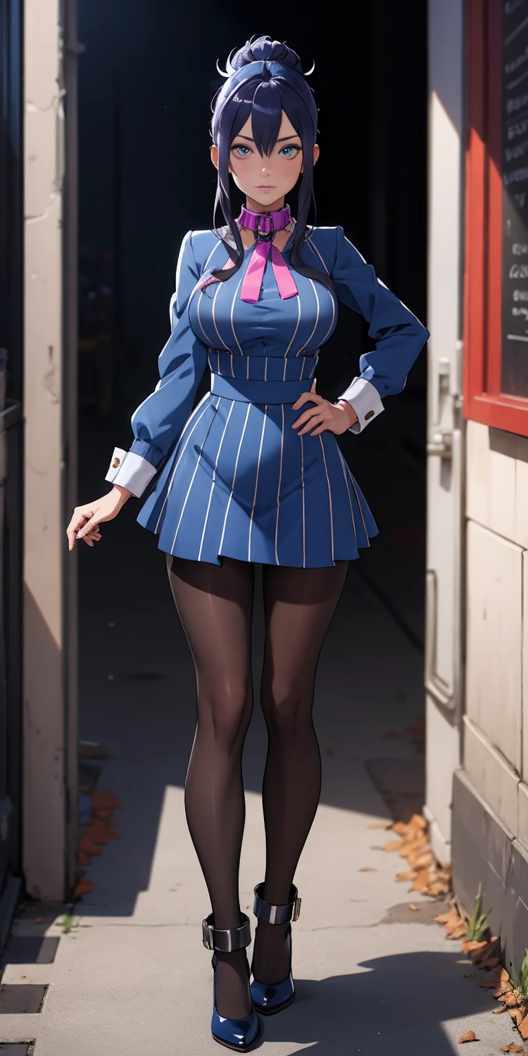 standing, straight, 1girl, looking at viewer, blue pantyhose, striped pantyhose, Handcuffs on their hands, With a collar around the neck