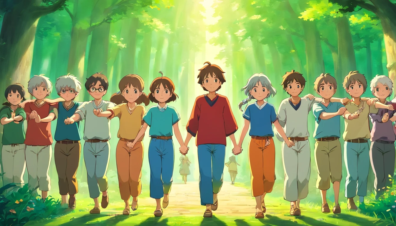 a creative shot of friends forming a human chain, their arms linked, symbolizing the strength and unity of their friendship, as well as the interconnectedness of their joy and happiness