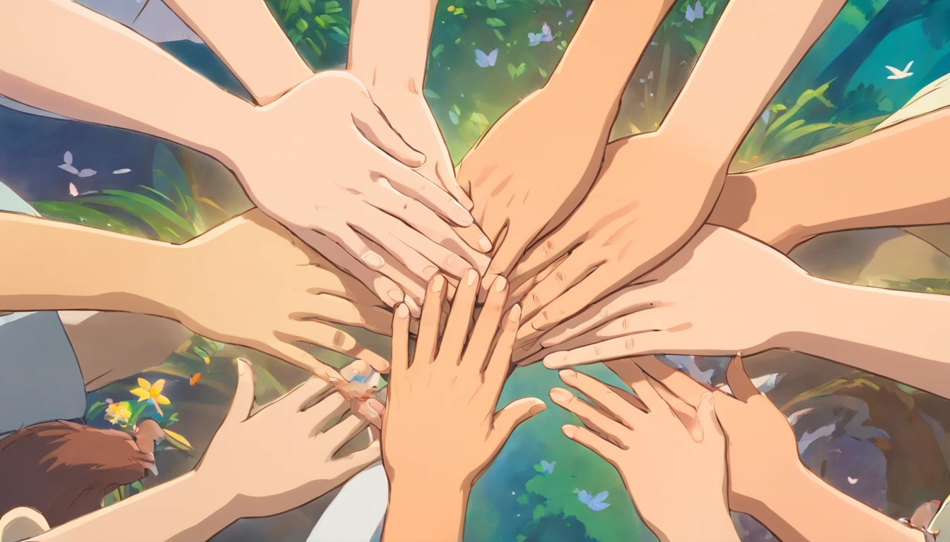 a close-up shot of friends’ hands stacked on top of each other, forming a symbol of unity and friendship, with each hand showcasing unique details and characteristics, representing the individuality and diversity within their joyful connections