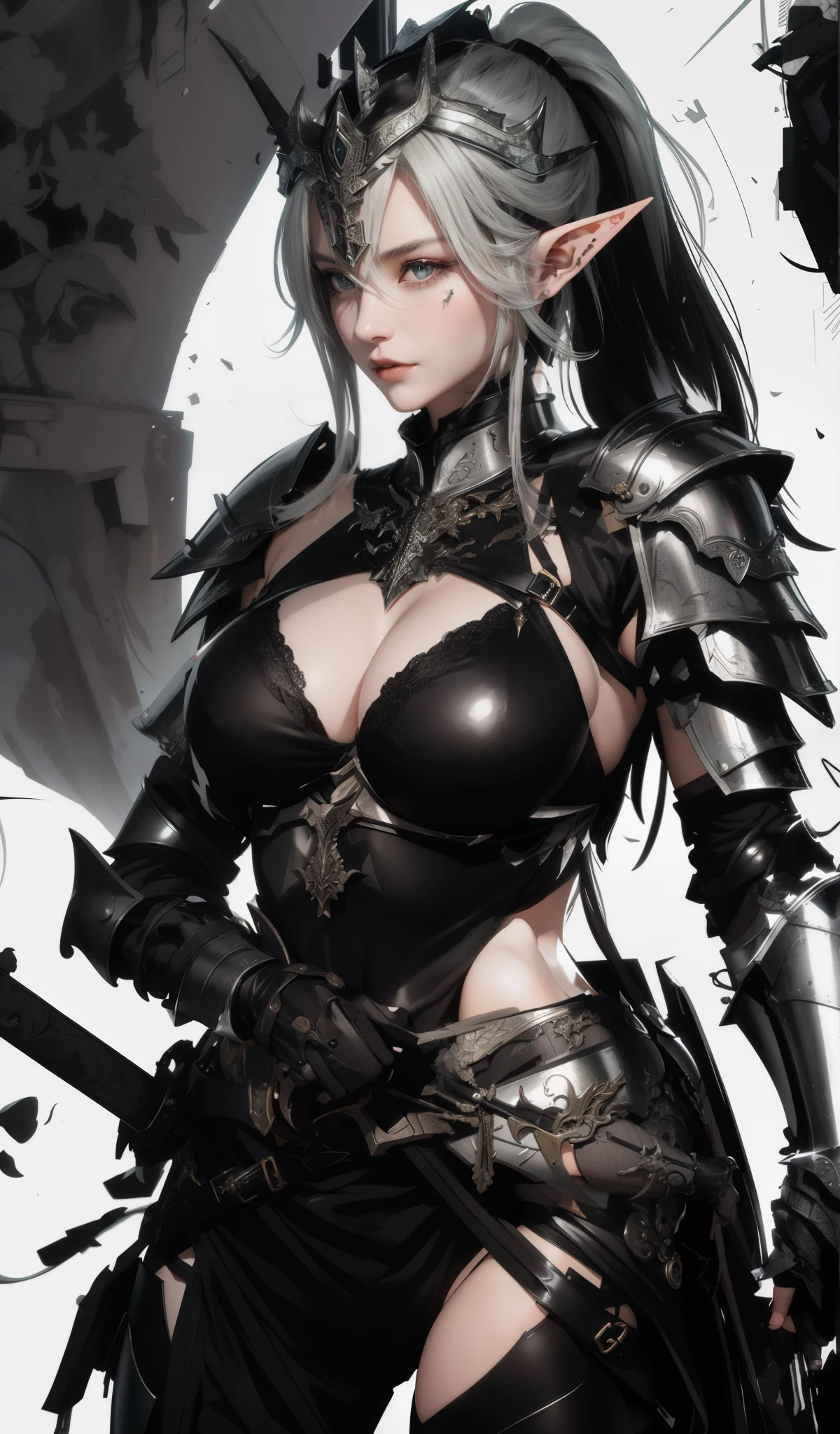 Completely different actions from the original picture,Exactly the same character,One wearing covered black armor、Wearing a helmet with a long horned crown、Drawing of elf woman holding sword,(black bra cloth), long elf ears,biomechanical oppai, Thick armor,Half eye patch, ornate bikini armor, wearing shining breastplate, Wearing armor!!,White long hair ponytail, a very beautiful violent woman, Covered in scaled armor, Armor Maiden, is dressed in armor